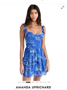 Amanda Uprichard Blue Scenic Ruffle-Strap Mini Dress Large